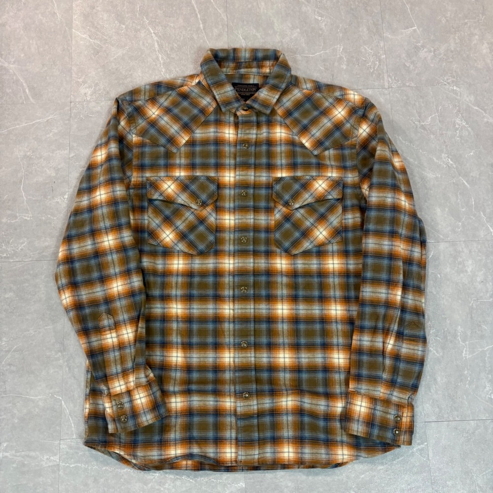Pendleton‎ Mens Plaid Western Flannel Shirt Orange Blue Brown Pearl Snap Medium